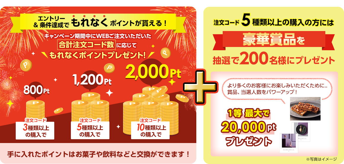 エントリー＆条件達成でもれなくポイントが貰える！ キャンペーン期間中にWEBご注文いただいた“合計注文コード数”に応じてもれなくポイントプレゼント！ 注文コード3種類以上の購入で800ポイント、注文コード5種類以上の購入で1,200ポイント、注文コード10種類以上の購入で2,000ポイント 手に入れたポイントはお菓子と飲料などと交換ができます！ 注文コード5種類以上の購入の方には豪華賞品を抽選で200名様にプレゼントより多くのお客様にお楽しみいただくために賞品、当選人数をパワーアップ！1等 最大で20,000ポイントプレゼント